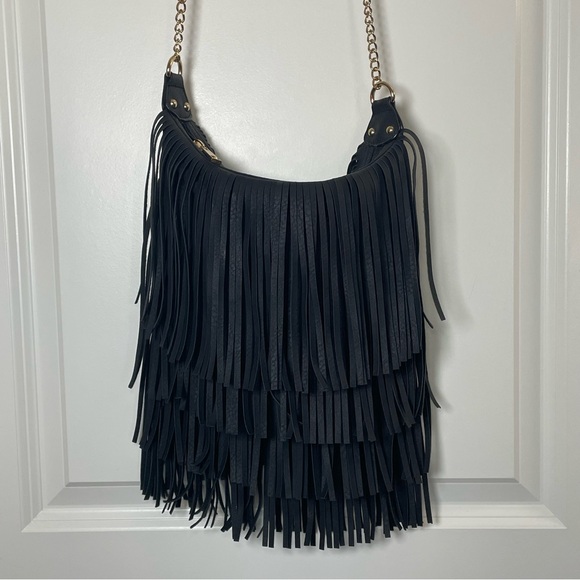 Cato Black Fringe Crossbody Bag Boho Tassel Faux Leather Festival - Picture 2 of 10